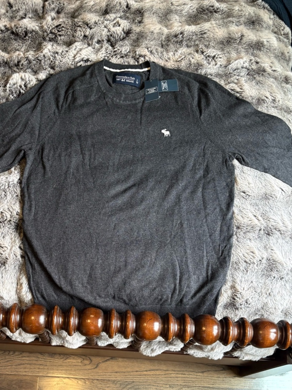 Abercrombie & Fitch Charcoal Gray Crewneck Sweater with Embroidered Moose